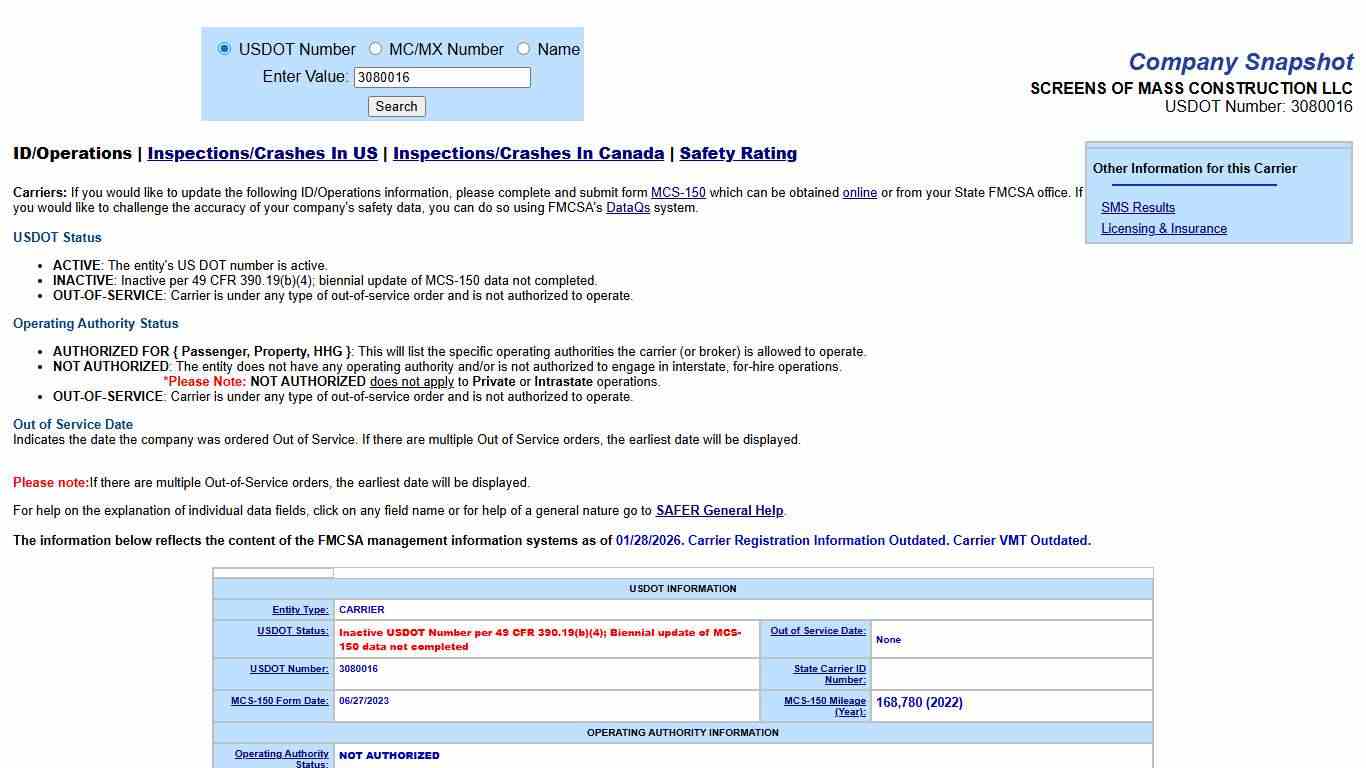 SAFER Web - Company Snapshot SCREENS OF MASS CONSTRUCTION LLC